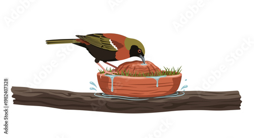 Thirsty Bird on a Tree Branch with Beak in a Rustic Clay Water Bowl