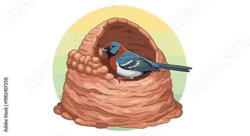 Professional Illustration of an Ovenbird Sitting Inside a Structured Mud Nest