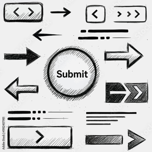Collection of Modern Arrow Icons and Submit Button for User Interface Design