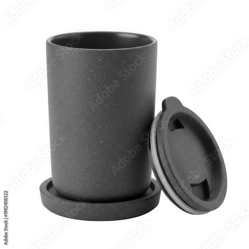 Black cylindrical container with speckled texture and removable lid