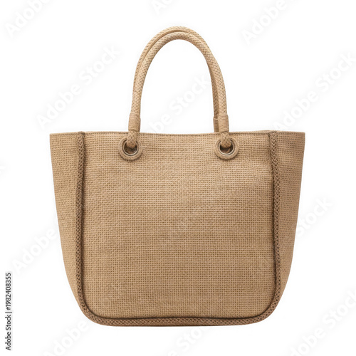 Natural woven handle tote bag with sturdy seams and textured material