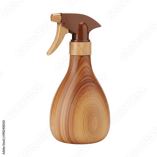 A wooden-handled spray bottle with a natural finish and pump mechanism