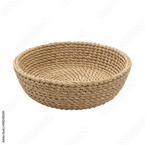 Handwoven natural fiber bowl with textured surface and open design