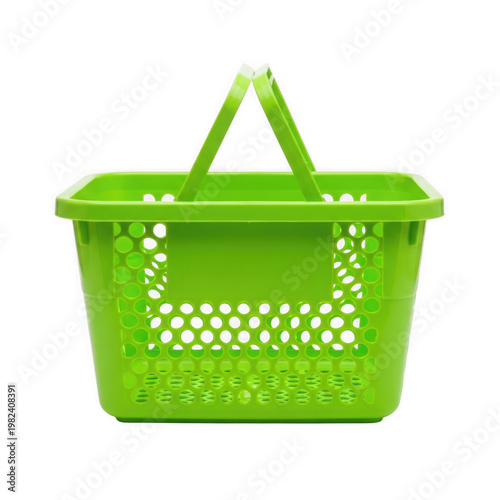 Green plastic shopping basket with woven handles ready for use