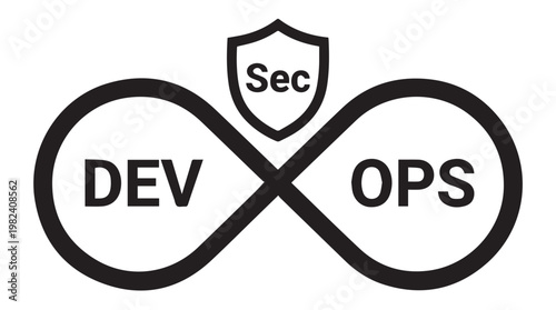 DevOps and security integration concept with infinity symbol and shield icon in flat design