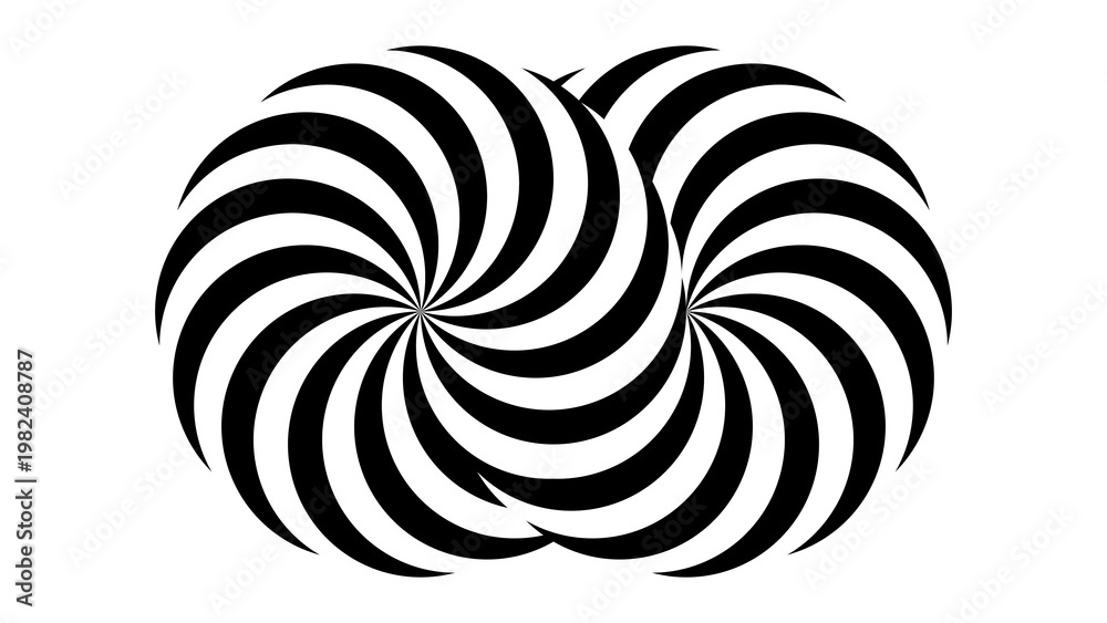 Abstract monochrome hypnotic spiral vortex with overlapping circular swirling lines on transparent background.