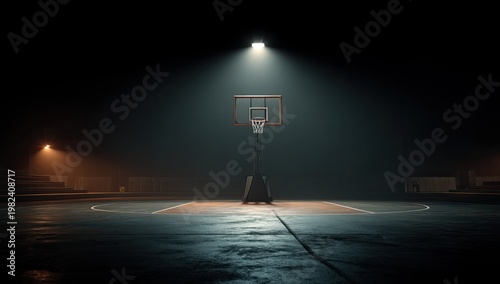 A solitary basketball hoop stands illuminated on an empty, dark court, creating a dramatic and atmospheric scene.