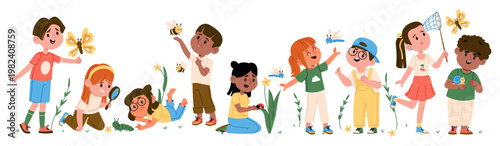 Children Exploring Bugs Outdoor Cartoon