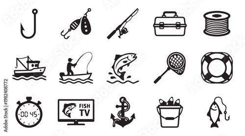 Set of flat black and white fishing icons and symbols for outdoor sports and leisure activities