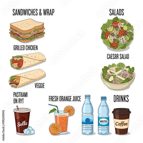A colorful illustration of various food and drink options on a white background
