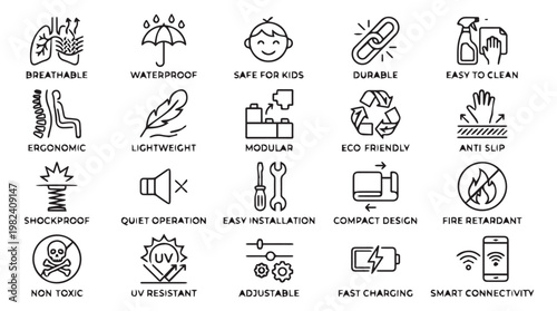 Set of 18 flat design product feature icons for safety, durability, and eco friendly technology