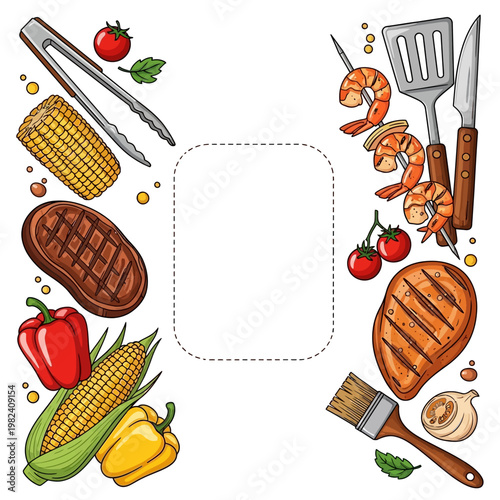 A colorful illustration of various grilled foods and utensils for a barbecue