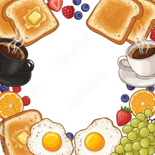 A delicious breakfast spread with toast, eggs, and fresh fruit