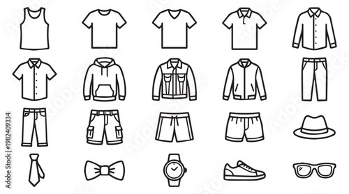 flat lay collection of mens casual and formal clothing and accessories on Transparent Background
