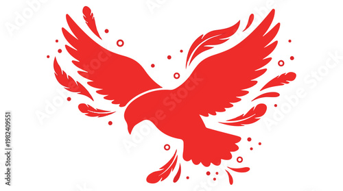 Vibrant red phoenix silhouette with splatter wings flying against clean Transparent Background