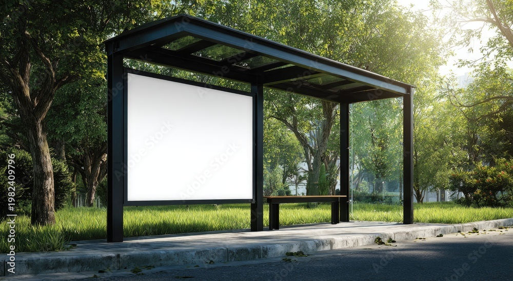 Fototapeta premium A modern bus stop shelter stands prominently in a lush green park setting, offering a blank advertising space and a place for commuters to rest.