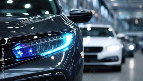 A close-up view showcases the sleek, modern design of a dark-colored car with vibrant blue LED headlights, highlighting its advanced automotive technology within a showroom setting.
