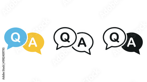 Colorful Q&A speech bubbles set for customer support, FAQ, and communication concepts