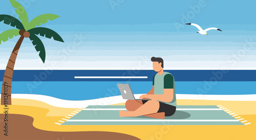 Man working remotely on laptop while sitting on a beach under a palm tree.