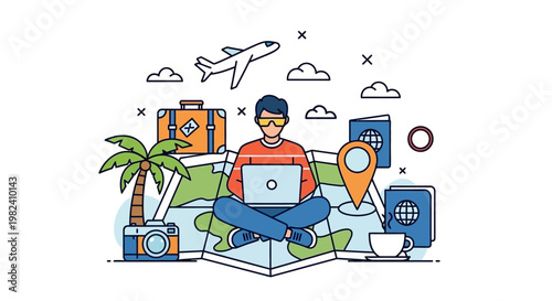 Young man working remotely with laptop surrounded by travel and technology icons.