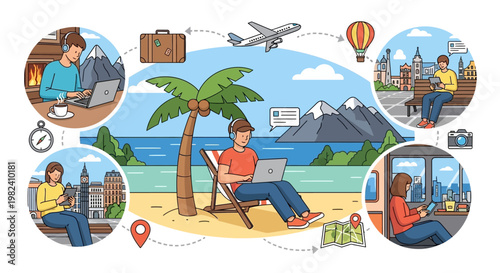 Remote work and digital nomad lifestyle at a tropical beach resort with travel and communication icons.