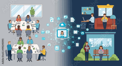 Conceptual illustration of remote work and online communication connecting office and home environments.