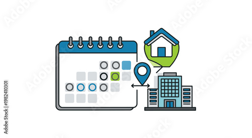 Calendar with real estate icons representing property scheduling and location planning.