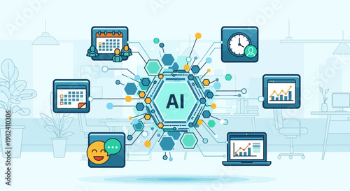 Artificial intelligence concept with connected devices and data analytics in a modern office environment.