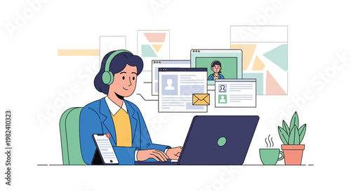 Young man working remotely on laptop with virtual communication and headphones.