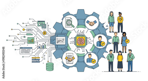 Illustration of artificial intelligence integration with business and teamwork concepts.