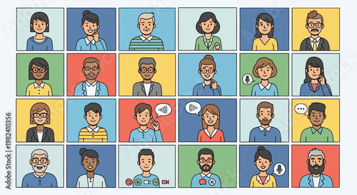 Diverse group of people participating in a virtual video conference call.