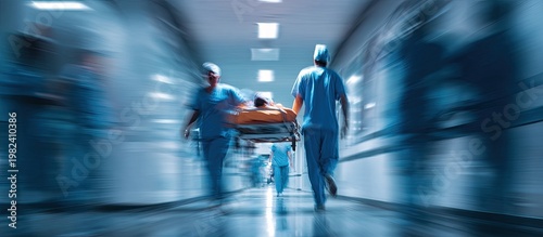 A blurred motion shot depicts medical personnel rushing a patient on a stretcher through a brightly lit hospital corridor, conveying a sense of urgency and emergency care.