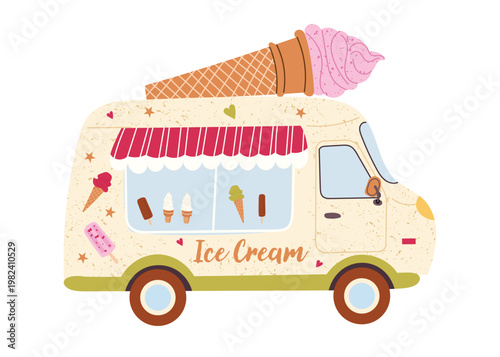 Cute ice cream truck with desserts and sweets. Summer street food van for kids design, posters, stickers, packaging. Flat vector illustration isolated on white background.
