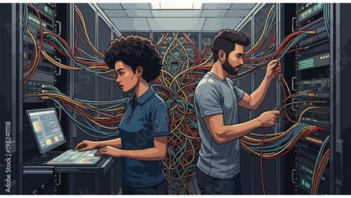 Diverse IT Professionals Managing Server Racks and Complex Network Cabling in a Modern Data Center Environment