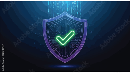 Cyber Security Shield with Glowing Green Checkmark and Falling Binary Code Background for Data Protection and Digital Safety