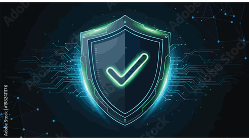 Cybersecurity Shield with Glowing Green Checkmark on Futuristic Digital Circuit Board Background, Data Protection and Network Safety Concept
