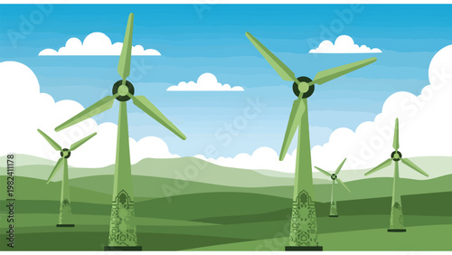 Wind Turbines Generating Clean Energy in a Green Hilly Landscape Under a Blue Sky with Clouds - Renewable Power Vector Illustration