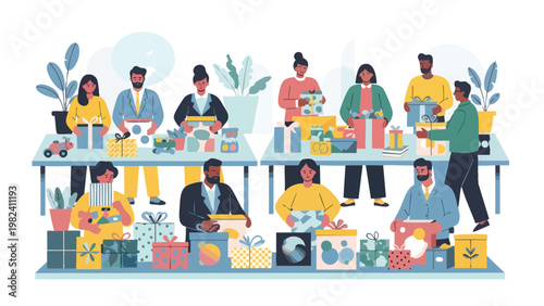 Diverse Team Collaborating to Package Gifts for Charity or Holiday Season; Collaborative Present Preparation and Distribution; Flat Vector Illustra...