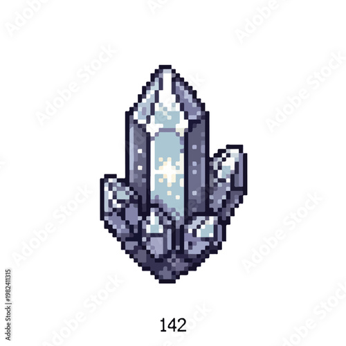 A detailed pixel art illustration featuring a cluster of glowing purple and blue crystals with a shimmering light effect on a white background.