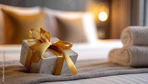 A beautifully wrapped gift sits on a luxurious hotel bed alongside neatly folded towels, creating a scene of relaxation and indulgence.