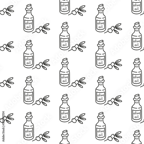 Seamless pattern with olive oil bottles and olive branches on white background. Minimal black outline vector print. 