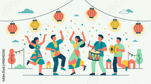 A lively flat design illustration capturing the essence of cultural heritage through a vibrant festival scene, symbolizing joy, community, and the celebration of traditions.