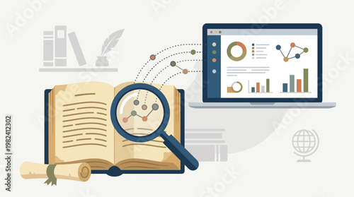 This flat design illustration portrays the meticulous process of researching and documenting cultural heritage, blending historical artifacts with modern technological tools for study.