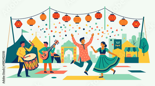 A lively flat design illustration capturing the essence of cultural heritage through a vibrant festival scene, symbolizing joy, community, and the celebration of traditions.
