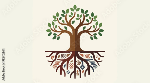 A symbolic flat design illustration depicting a tree with deep roots, representing how cultural heritage forms the foundation of individual and collective identity.