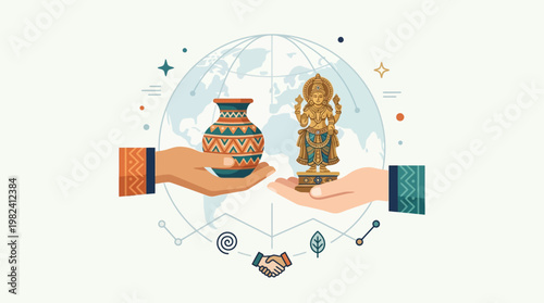 This flat design illustration symbolizes the importance of global cultural exchange and diplomacy, showing two hands respectfully exchanging distinct cultural artifacts.