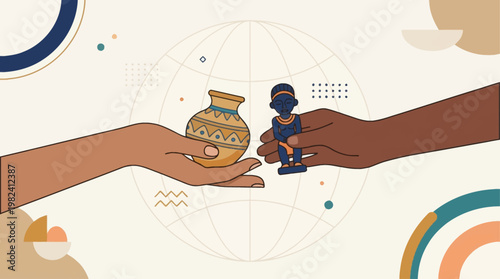 This flat design illustration symbolizes the importance of global cultural exchange and diplomacy, showing two hands respectfully exchanging distinct cultural artifacts.