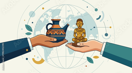 This flat design illustration symbolizes the importance of global cultural exchange and diplomacy, showing two hands respectfully exchanging distinct cultural artifacts.