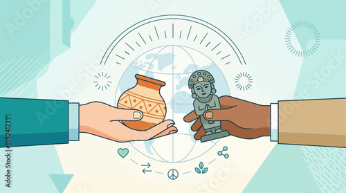 This flat design illustration symbolizes the importance of global cultural exchange and diplomacy, showing two hands respectfully exchanging distinct cultural artifacts.