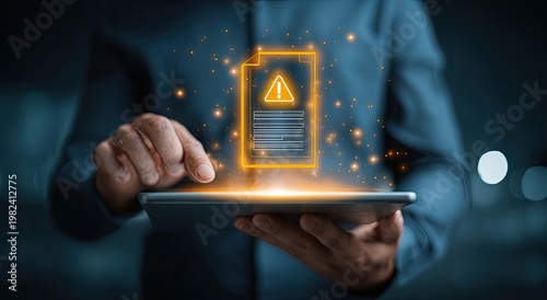A person interacts with a digital tablet displaying a warning document with an exclamation point.